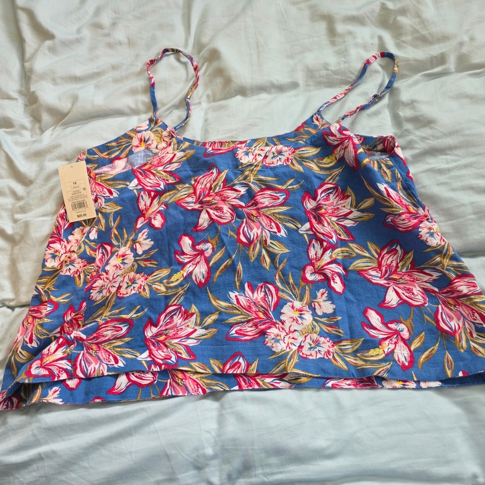 A New Day Floral Cami Tank Top Blue Pink Tropical Lily 1X NWT